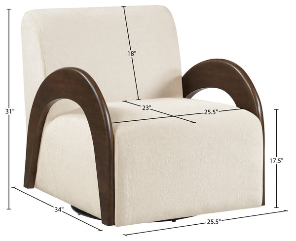 Meridian Furniture Neria Chenille Swivel Accent Chair with Walnut Arms Mid-century Style for Living Room Decor Cream - B 33008Cream
