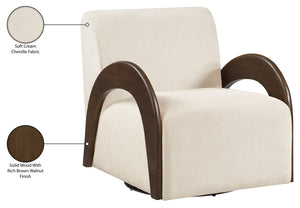Meridian Furniture Neria Chenille Swivel Accent Chair with Walnut Arms Mid-century Style for Living Room Decor Cream - B 33008Cream