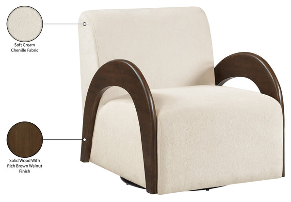 Meridian Furniture Neria Chenille Swivel Accent Chair with Walnut Arms Mid-century Style for Living Room Decor Cream - B 33008Cream
