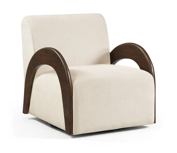 Meridian Furniture Neria Chenille Swivel Accent Chair with Walnut Arms Mid-century Style for Living Room Decor Cream - B 33008Cream