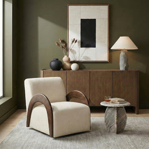 Meridian Furniture Neria Chenille Swivel Accent Chair with Walnut Arms Mid-century Style for Living Room Decor Cream - B 33008Cream