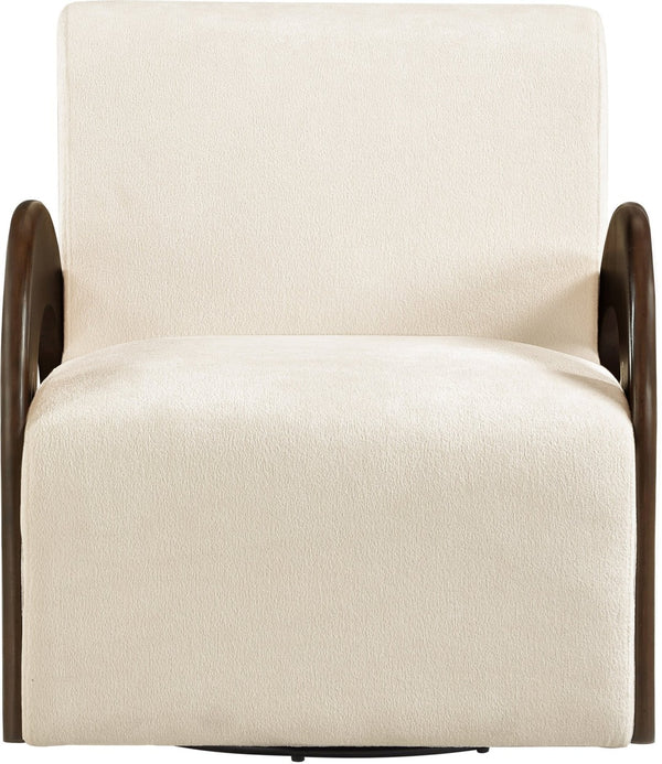 Meridian Furniture Neria Chenille Swivel Accent Chair with Walnut Arms Mid-century Style for Living Room Decor Cream - B 33008Cream