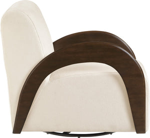 Meridian Furniture Neria Chenille Swivel Accent Chair with Walnut Arms Mid-century Style for Living Room Decor Cream - B 33008Cream