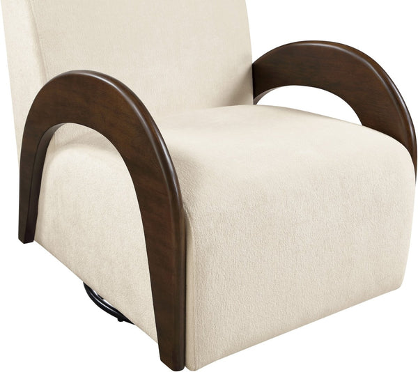Meridian Furniture Neria Chenille Swivel Accent Chair with Walnut Arms Mid-century Style for Living Room Decor Cream - B 33008Cream