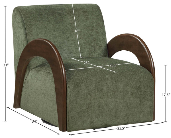 Meridian Furniture Neria Chenille Swivel Accent Chair with Walnut Arms Mid-century Style for Living Room Decor Green 33008Green