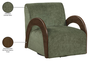 Meridian Furniture Neria Chenille Swivel Accent Chair with Walnut Arms Mid-century Style for Living Room Decor Green 33008Green