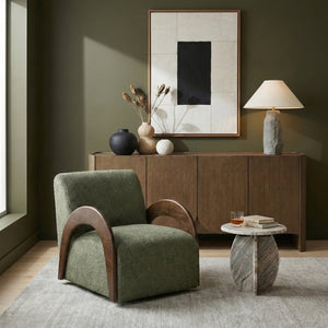 Meridian Furniture Neria Chenille Swivel Accent Chair with Walnut Arms Mid-century Style for Living Room Decor Green 33008Green