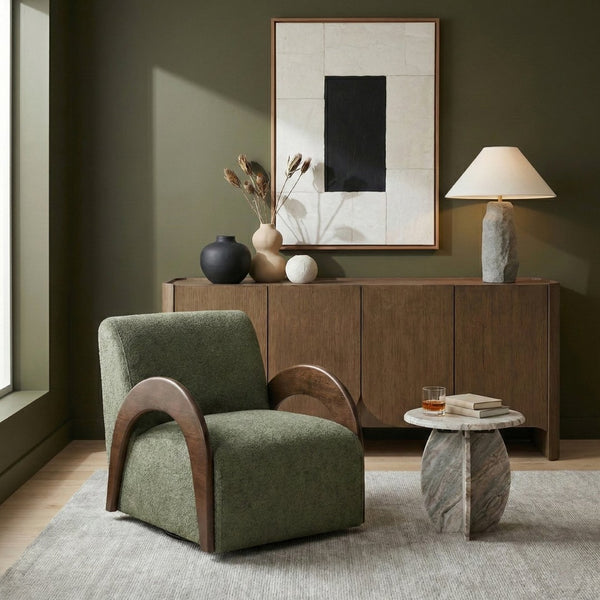 Meridian Furniture Neria Chenille Swivel Accent Chair with Walnut Arms Mid-century Style for Living Room Decor Green 33008Green