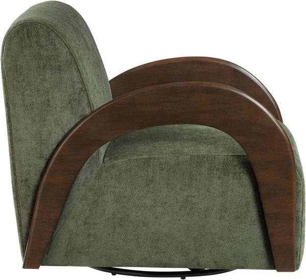 Meridian Furniture Neria Chenille Swivel Accent Chair with Walnut Arms Mid-century Style for Living Room Decor Green 33008Green