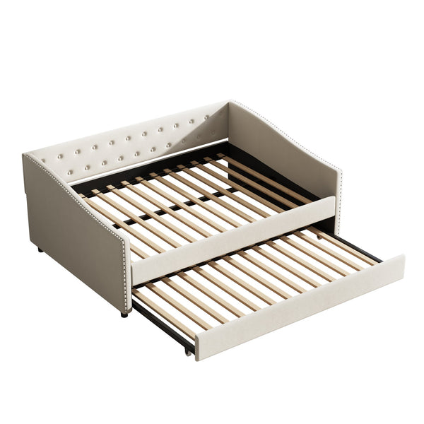 English Elm Full Size Daybed With Twin Trundle - Elegant Upholstered Sofa Bed With Tufted Back & Nailhead Trim W2336S00037