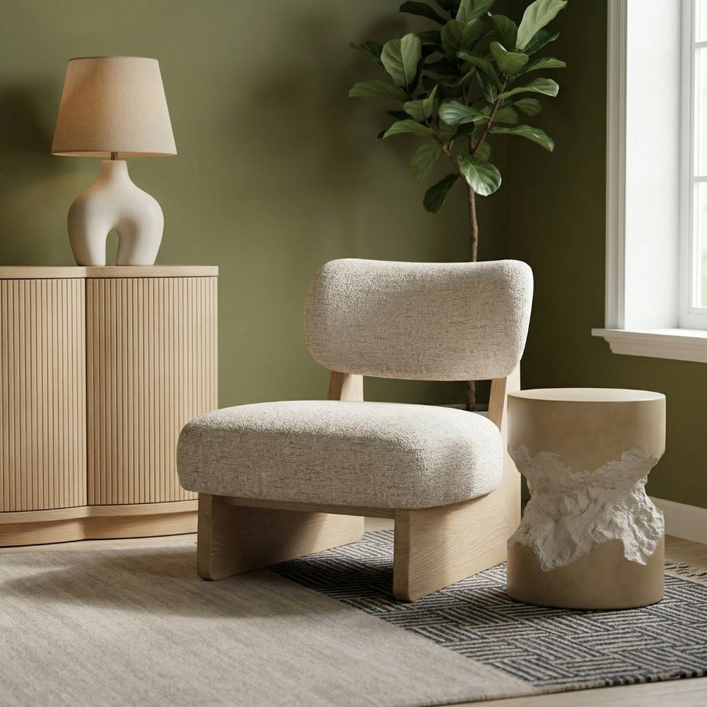 Meridian Furniture Vetra Sculptural Low Profile Linen Accent Chair with Solid Wood Base for Modern Interiors 33012Beige