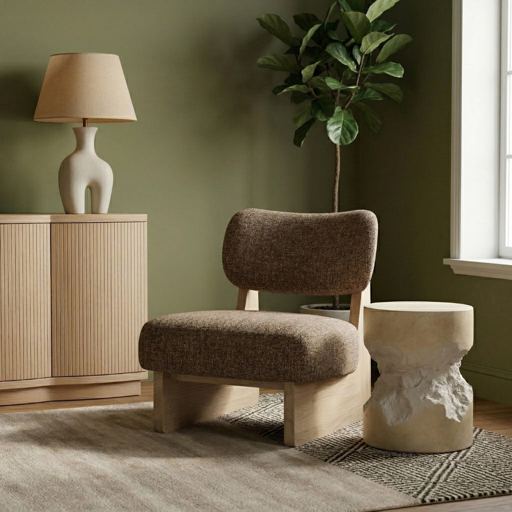 Meridian Furniture Vetra Sculptural Linen Weave Accent Chair with Natural Wood Base for Living Rooms 33012Brown