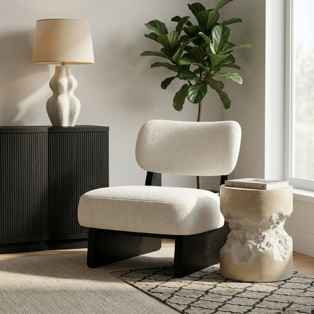 Meridian Furniture Vetra Sculptural Low Profile Accent Chair Linen Poly Weave with Black Wood Base 33014Cream