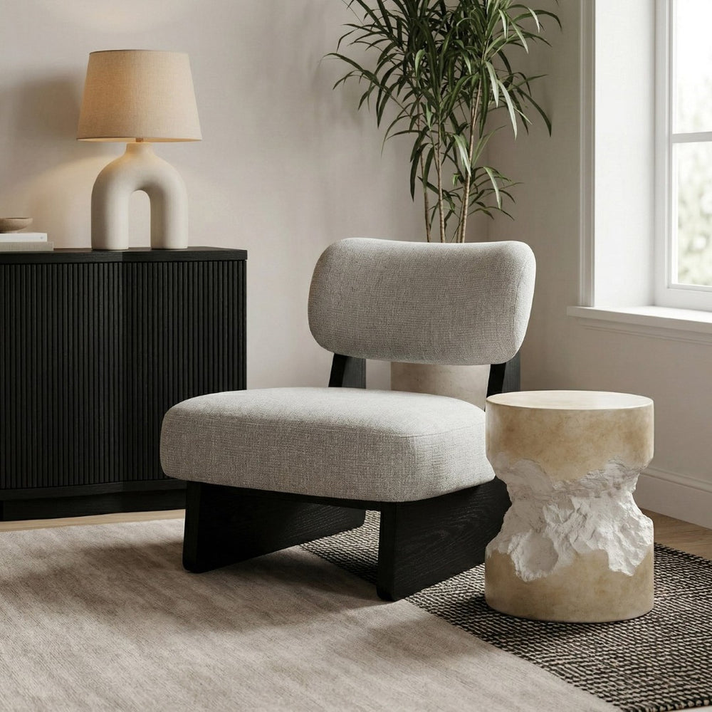 Meridian Furniture Vetra Sculptural Accent Chair Linen Textured Upholstery with Matte Black Wood Base 33014Grey