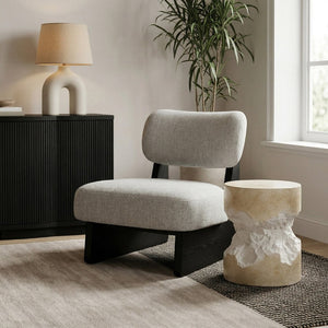 Meridian Furniture Vetra Sculptural Accent Chair Linen Textured Upholstery with Matte Black Wood Base 33014Grey
