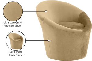 Meridian Furniture Tristan Barrel Accent Chair in Plush Velvet with Elliptical Frame for Living Room Decor Camel 33015Camel