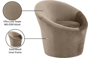 Meridian Furniture Tristan Barrel Accent Chair in Plush Velvet with Elliptical Frame for Living Room Decor Taupe 33015Taupe