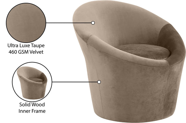 Meridian Furniture Tristan Barrel Accent Chair in Plush Velvet with Elliptical Frame for Living Room Decor Taupe 33015Taupe