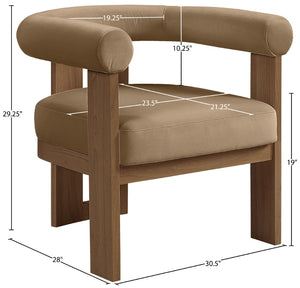 Meridian Furniture Arienzo Art Deco Velvet Accent Chair Sculptural Curved Back Walnut Wood Legs Lounge Seat Beige Style A 33016Beige
