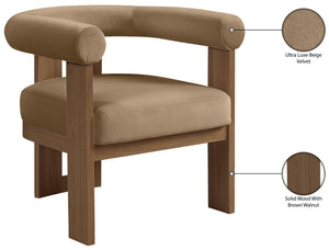 Meridian Furniture Arienzo Art Deco Velvet Accent Chair Sculptural Curved Back Walnut Wood Legs Lounge Seat Beige Style A 33016Beige
