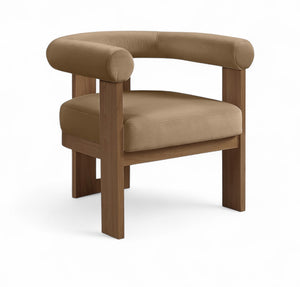 Meridian Furniture Arienzo Art Deco Velvet Accent Chair Sculptural Curved Back Walnut Wood Legs Lounge Seat Beige Style A 33016Beige