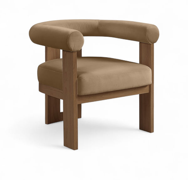 Meridian Furniture Arienzo Art Deco Velvet Accent Chair Sculptural Curved Back Walnut Wood Legs Lounge Seat Beige Style A 33016Beige
