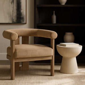 Meridian Furniture Arienzo Art Deco Velvet Accent Chair Sculptural Curved Back Walnut Wood Legs Lounge Seat Beige Style A 33016Beige