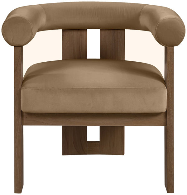 Meridian Furniture Arienzo Art Deco Velvet Accent Chair Sculptural Curved Back Walnut Wood Legs Lounge Seat Beige Style A 33016Beige