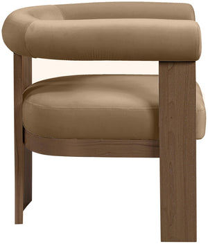 Meridian Furniture Arienzo Art Deco Velvet Accent Chair Sculptural Curved Back Walnut Wood Legs Lounge Seat Beige Style A 33016Beige