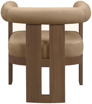 Meridian Furniture Arienzo Art Deco Velvet Accent Chair Sculptural Curved Back Walnut Wood Legs Lounge Seat Beige Style A 33016Beige