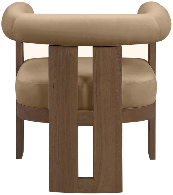 Meridian Furniture Arienzo Art Deco Velvet Accent Chair Sculptural Curved Back Walnut Wood Legs Lounge Seat Beige Style A 33016Beige