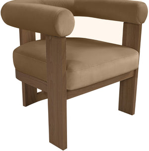 Meridian Furniture Arienzo Art Deco Velvet Accent Chair Sculptural Curved Back Walnut Wood Legs Lounge Seat Beige Style A 33016Beige