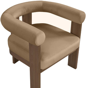 Meridian Furniture Arienzo Art Deco Velvet Accent Chair Sculptural Curved Back Walnut Wood Legs Lounge Seat Beige Style A 33016Beige