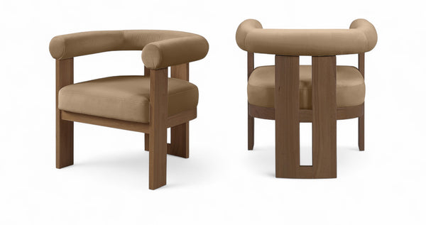 Meridian Furniture Arienzo Art Deco Velvet Accent Chair Sculptural Curved Back Walnut Wood Legs Lounge Seat Beige Style A 33016Beige