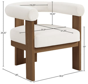 Meridian Furniture Arienzo Art Deco Velvet Accent Chair Sculptural Curved Back Walnut Wood Legs Lounge Seat Cream Style A 33016Cream