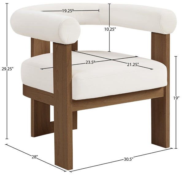 Meridian Furniture Arienzo Art Deco Velvet Accent Chair Sculptural Curved Back Walnut Wood Legs Lounge Seat Cream Style A 33016Cream
