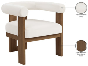 Meridian Furniture Arienzo Art Deco Velvet Accent Chair Sculptural Curved Back Walnut Wood Legs Lounge Seat Cream Style A 33016Cream