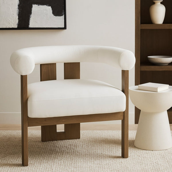 Meridian Furniture Arienzo Art Deco Velvet Accent Chair Sculptural Curved Back Walnut Wood Legs Lounge Seat Cream Style A 33016Cream