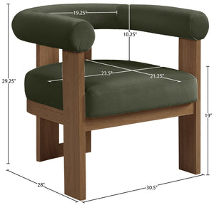 Meridian Furniture Arienzo Art Deco Velvet Accent Chair Sculptural Curved Back Walnut Wood Legs Lounge Seat Green Style A 33016Green