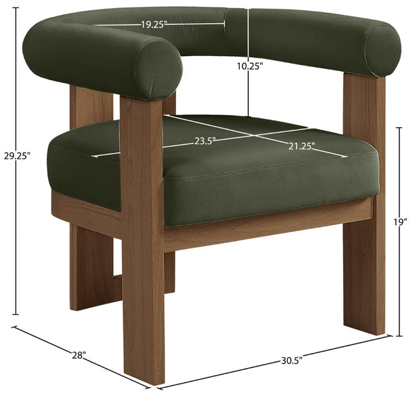 Meridian Furniture Arienzo Art Deco Velvet Accent Chair Sculptural Curved Back Walnut Wood Legs Lounge Seat Green Style A 33016Green