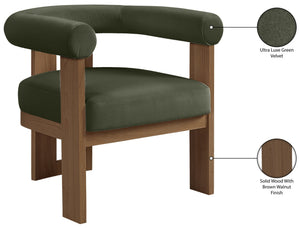 Meridian Furniture Arienzo Art Deco Velvet Accent Chair Sculptural Curved Back Walnut Wood Legs Lounge Seat Green Style A 33016Green
