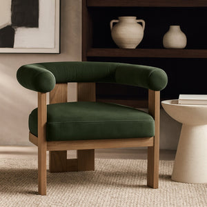 Meridian Furniture Arienzo Art Deco Velvet Accent Chair Sculptural Curved Back Walnut Wood Legs Lounge Seat Green Style A 33016Green