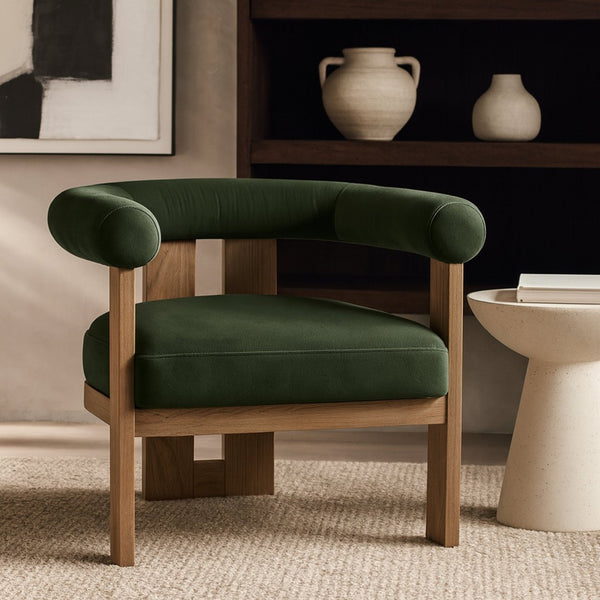 Meridian Furniture Arienzo Art Deco Velvet Accent Chair Sculptural Curved Back Walnut Wood Legs Lounge Seat Green Style A 33016Green