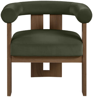 Meridian Furniture Arienzo Art Deco Velvet Accent Chair Sculptural Curved Back Walnut Wood Legs Lounge Seat Green Style A 33016Green