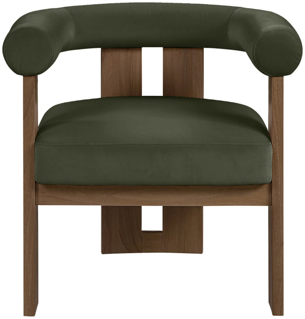 Meridian Furniture Arienzo Art Deco Velvet Accent Chair Sculptural Curved Back Walnut Wood Legs Lounge Seat Green Style A 33016Green