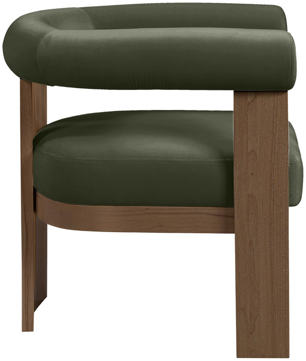 Meridian Furniture Arienzo Art Deco Velvet Accent Chair Sculptural Curved Back Walnut Wood Legs Lounge Seat Green Style A 33016Green