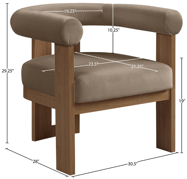 Meridian Furniture Arienzo Art Deco Velvet Accent Chair Sculptural Curved Back Walnut Wood Legs Lounge Seat Taupe Style A 33016Taupe