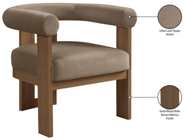 Meridian Furniture Arienzo Art Deco Velvet Accent Chair Sculptural Curved Back Walnut Wood Legs Lounge Seat Taupe Style A 33016Taupe