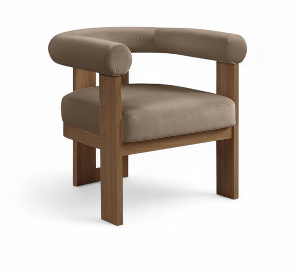 Meridian Furniture Arienzo Art Deco Velvet Accent Chair Sculptural Curved Back Walnut Wood Legs Lounge Seat Taupe Style A 33016Taupe