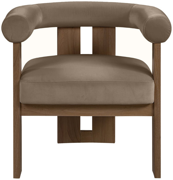 Meridian Furniture Arienzo Art Deco Velvet Accent Chair Sculptural Curved Back Walnut Wood Legs Lounge Seat Taupe Style A 33016Taupe